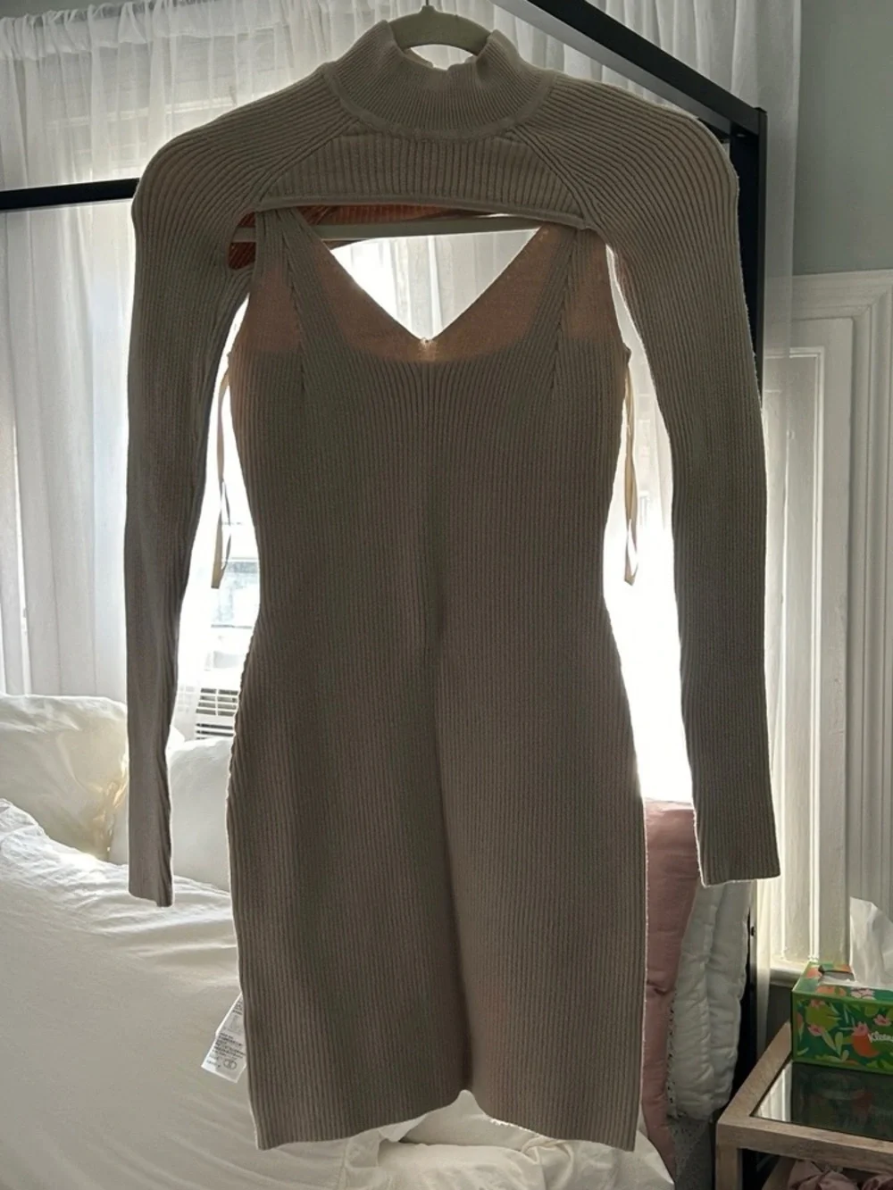 Rib Knit Sweater Dress with Cutout Shoulder in Beige